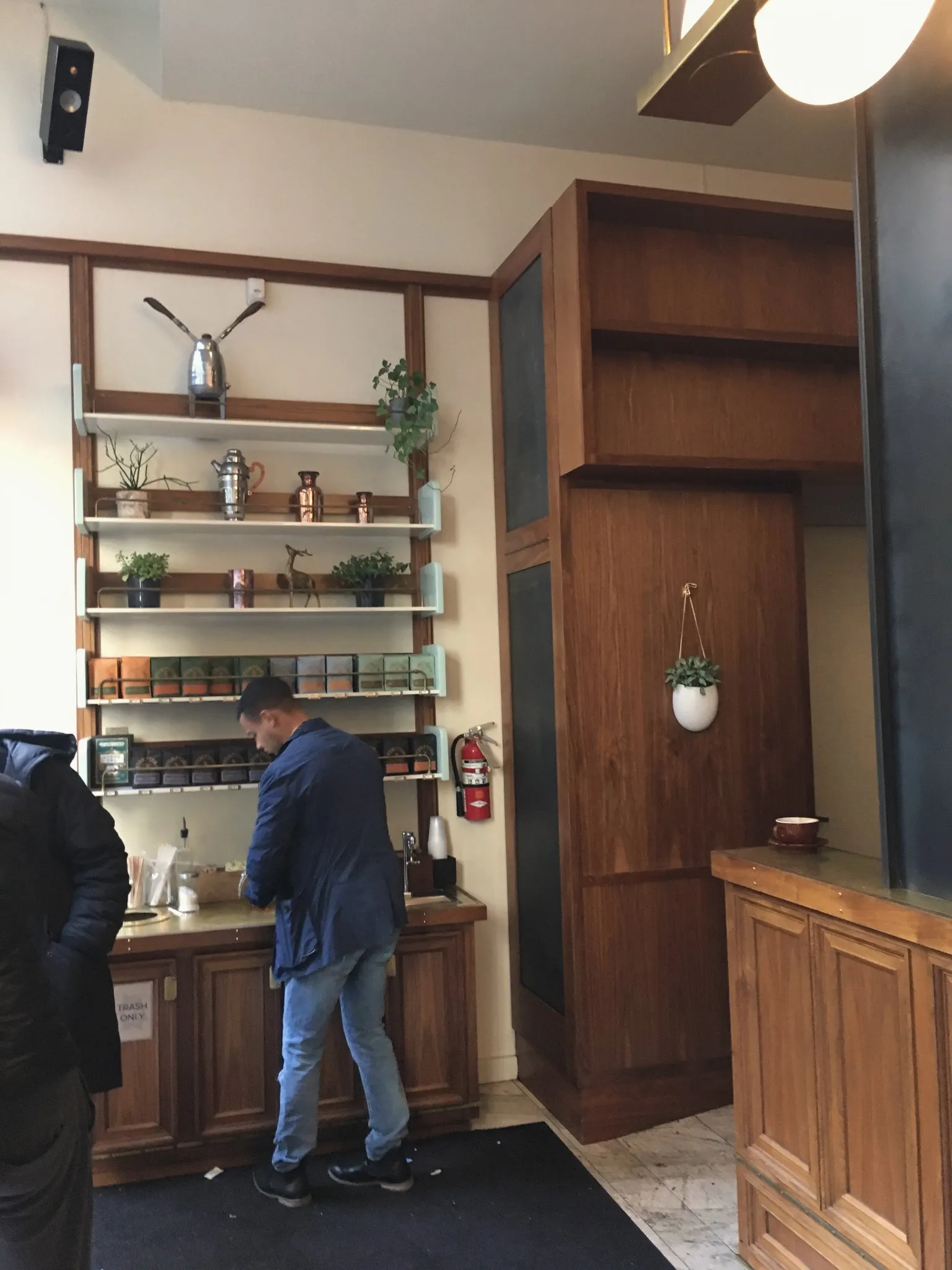 Shelves and plants inside a Manhattan café