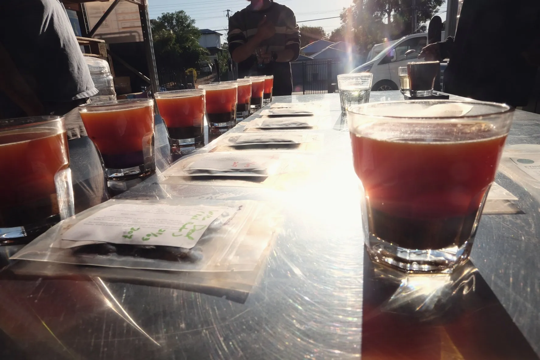 A flight of coffee samples for tasting
