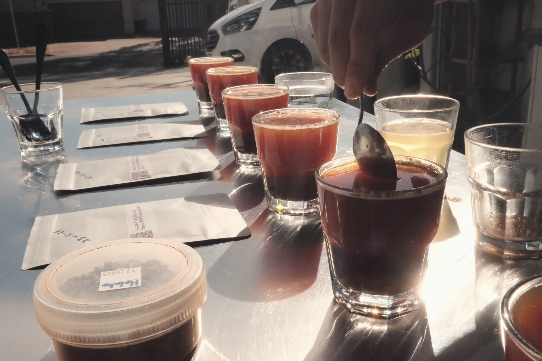 Cupping glasses and a white mug on the table