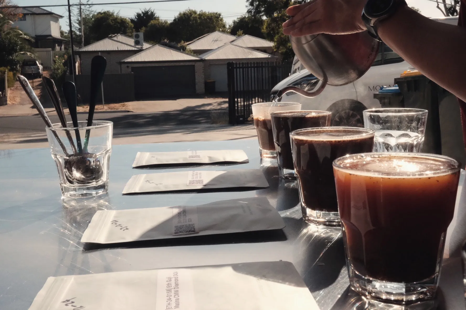 A finished espresso shot with crema
